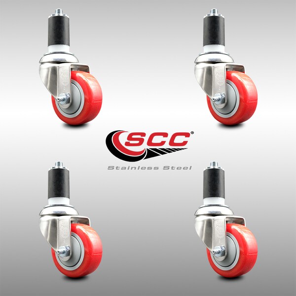 Service Caster 3 Inch 316SS Red Polyurethane Swivel 1-5/8 Inch Expanding Stem Caster Set SCC SCC-SS316EX20S314-PPUB-RED-158-4 - main